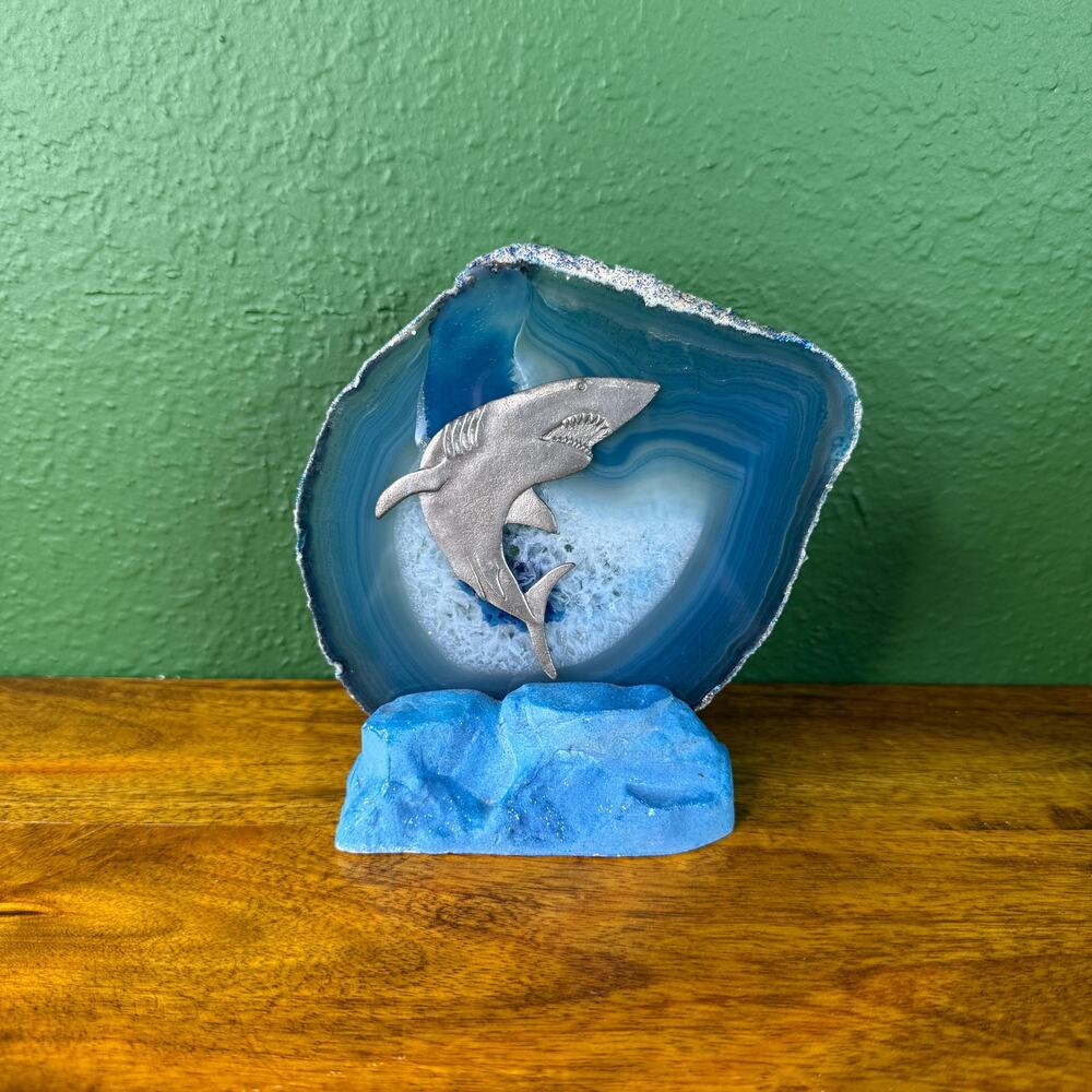 Blue Agate Geode Slice Crystal Candle Holder with Shark Display